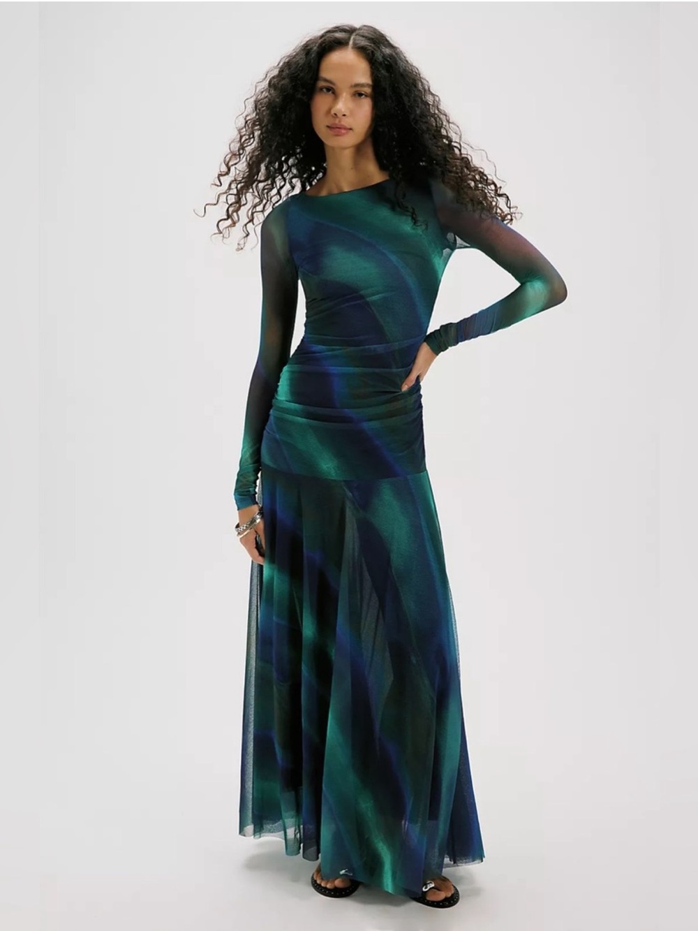 Free People Sunnei Mesh Long Sleeve Maxi Dress Deep Ocean Combo